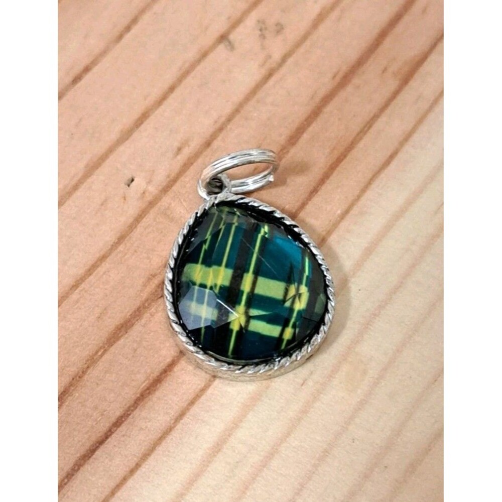 Glass Tartan Plaid Charm On Silver Tone Base